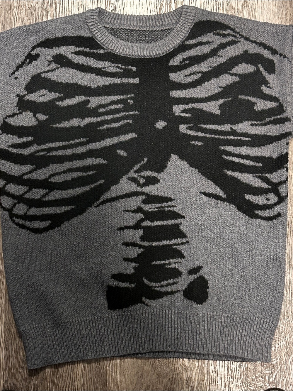 Men's Gray Crewneck Sweater with Black Ribcage Graphic
